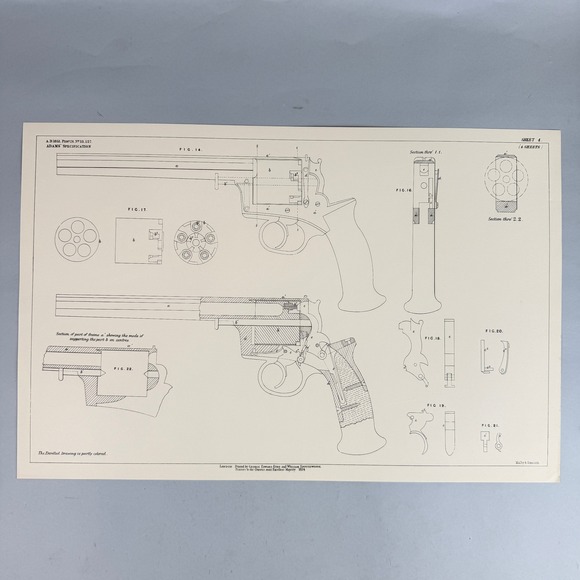 Other - Antique 1854 Adams Revolver Patent Specification Lithograph on Laid Paper 14x21